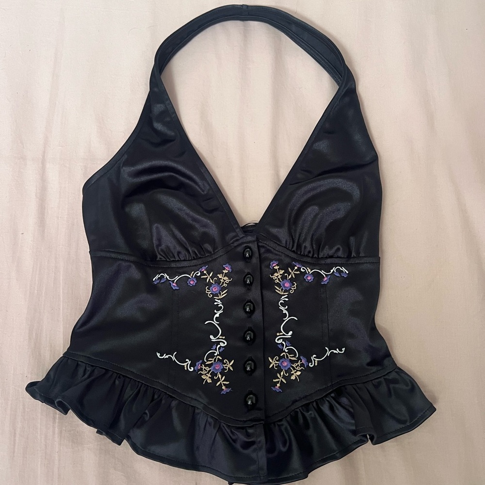 Kimchi Blue Black Halter with Purple Floral Embroidery